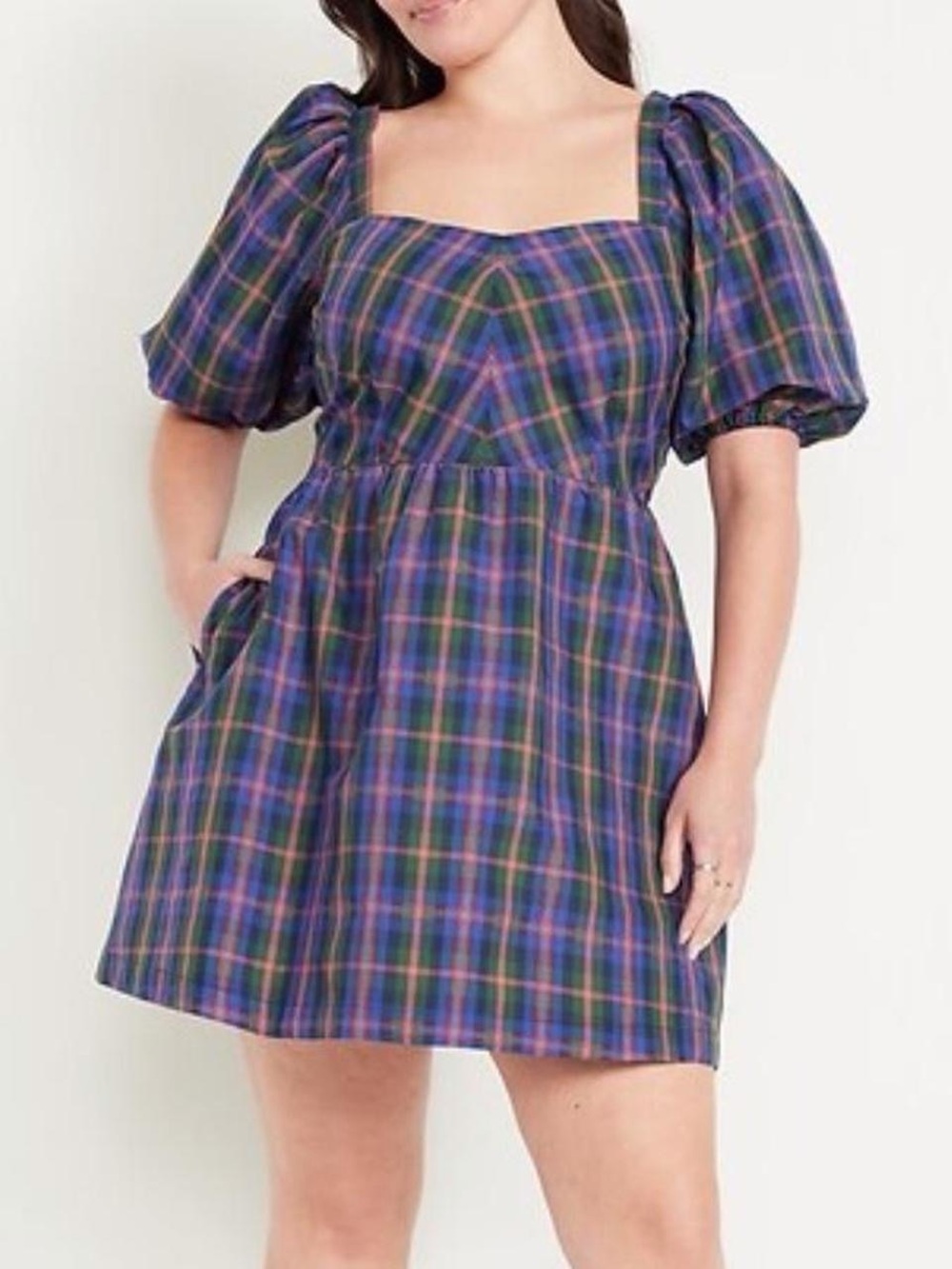 Old Navy Blue and Green Plaid Puff-Sleeve Square-Neck Mini Dress